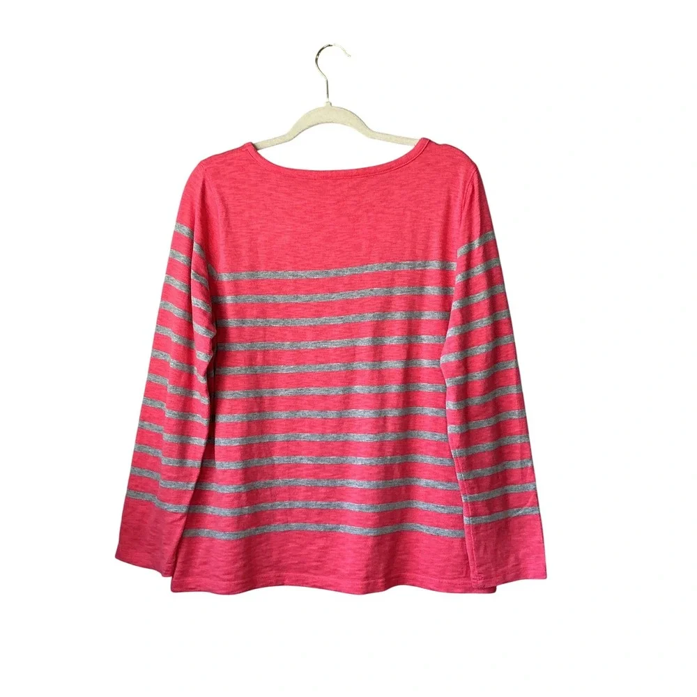 Talbots Womens Coral Pink Grey Striped Long Sleeve Cotton Blend Knit Sweater  Lg